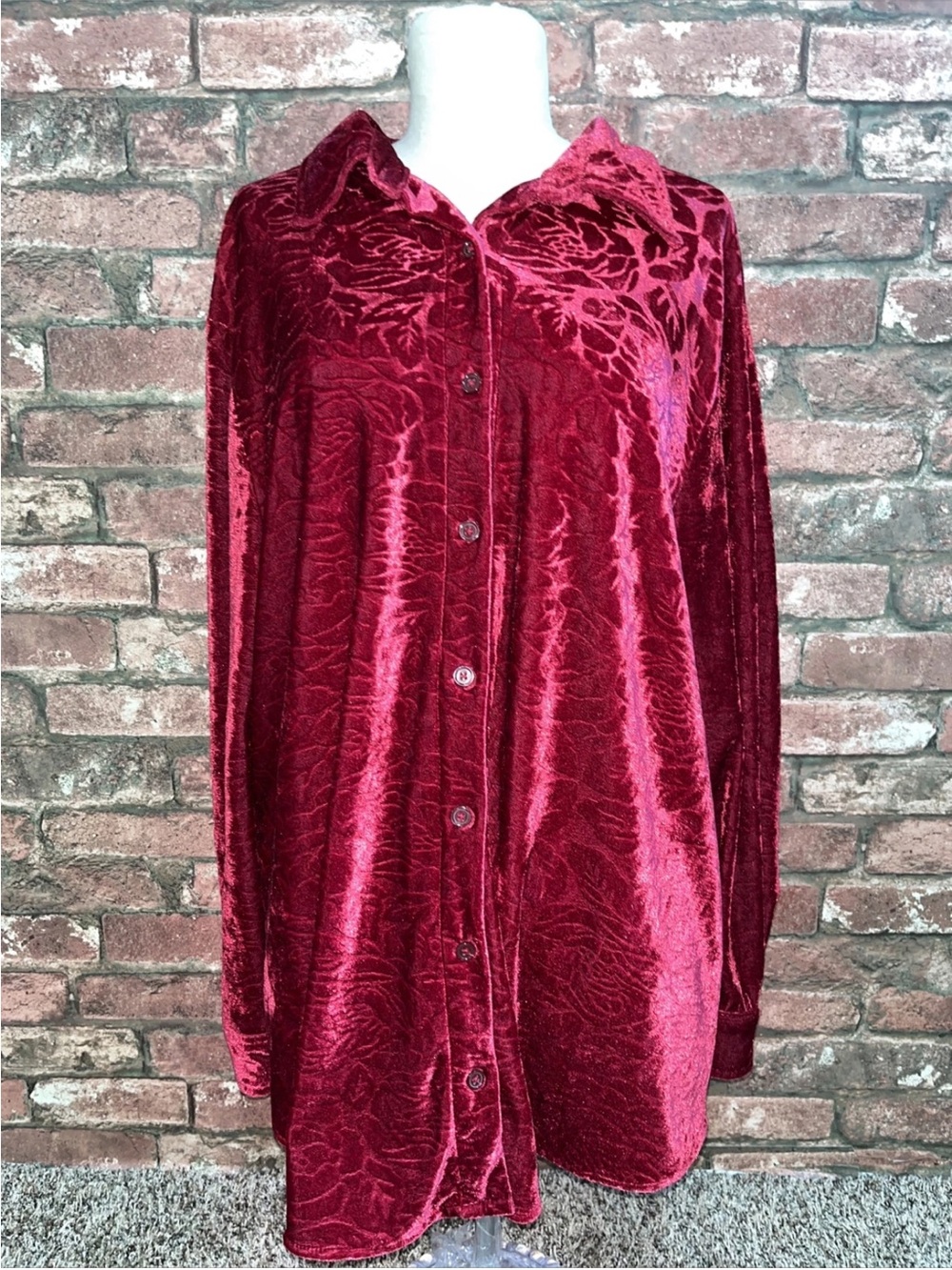 Just My Size Burgundy Velvet Button-Front Blouse